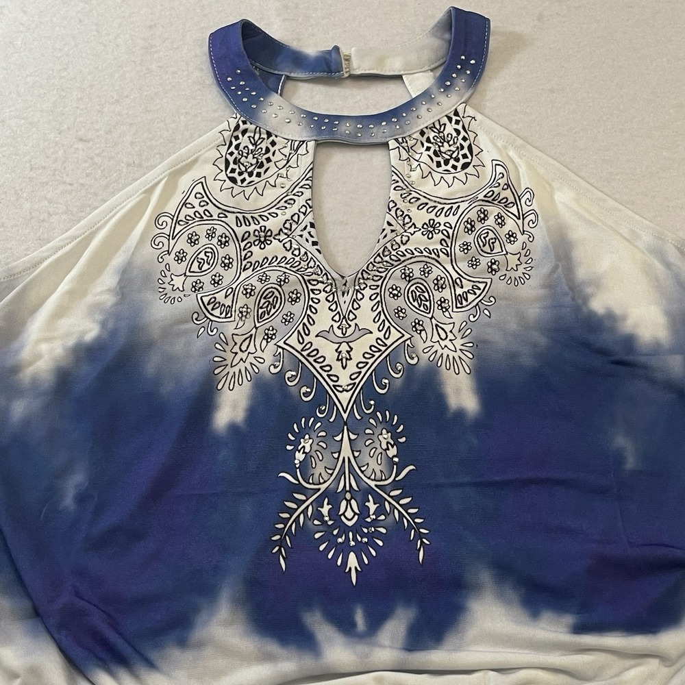 Venus Womens Large Blue White Tie Dye Halter Peplum Top Embellished Boho